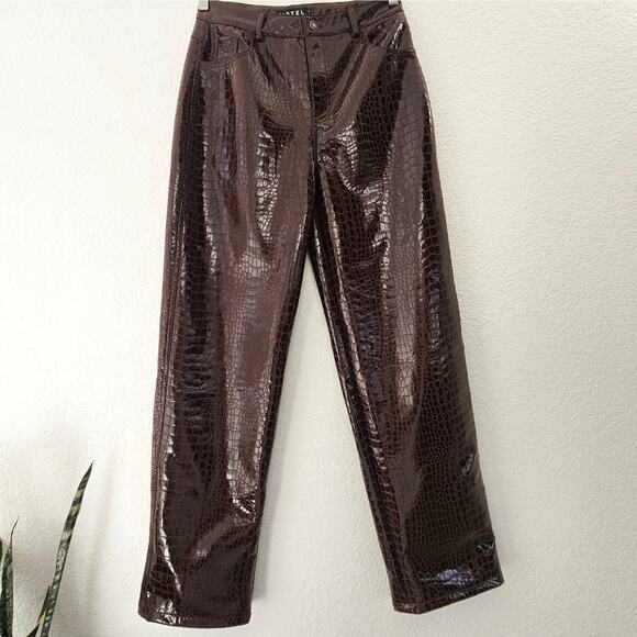 Motel Rocks Zoven Flare Trouser in Croc PU Brown Size Small Chocolate Brown - Picture 5 of 11